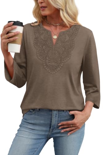 Image of WIHOLL 3 /4 Length Sleeve Womens Tops Boho V Neck Lace Shirt Trendy Blouses Dressy Casual Vacation Clothes S-3XL