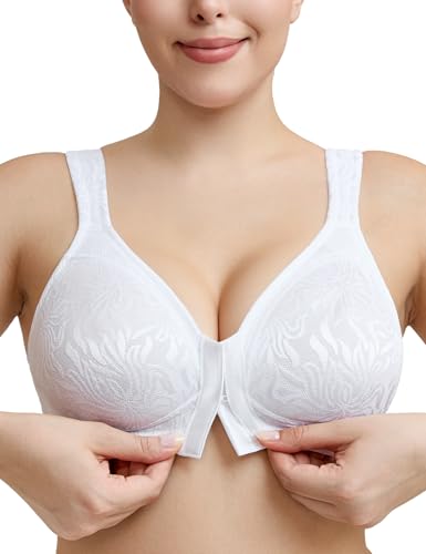 Image of Wingslove Women's Front Closure Minimizer Bra Full Coverage Wirefree Comfort Plus Size Racerback Jacquard Non Padded
