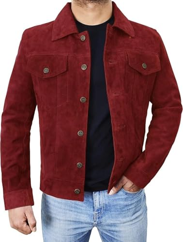 Men's Burgundy Suede Leather Trucker Jacket – Casual Goat Suede Shirt-Style Outerwear3