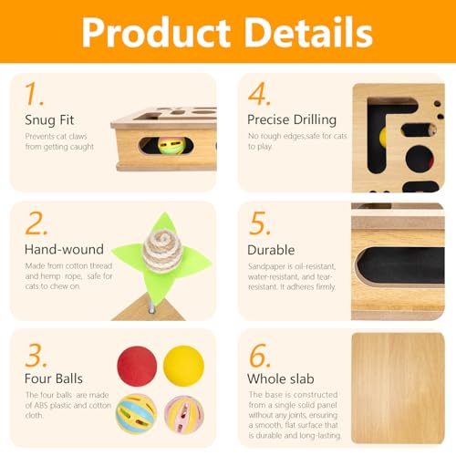 MUCAOL Cat Scratch Puzzle Enrichment Box,Cat Nail File Enrichment Box,No Assembly Required,Built-in Sandpaper Trims Your pet's Claws as They Play(Burlywood Color) — view 4