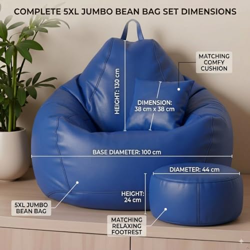 Image of KAM'S LIEU 6XL Luxury Faux Leather Bean Bag with Footrest & Cushion | Pre-Filled High-Density Polystyrene Beans | Premium Leatherette |Teardrop Handle Design | 6 Months Warranty Color- Royal Blue