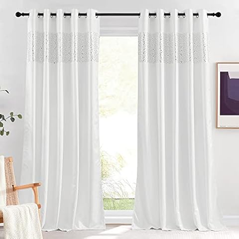 PONY DANCE White curtains 90 inches drop Satin Fabric Sequins Backdrop Curtain Shiny Drapes Elegant Home Decor Window Curtains for Living Room/Bedroom, Glitzy Eyelet Curtains, 2 Panels Cover