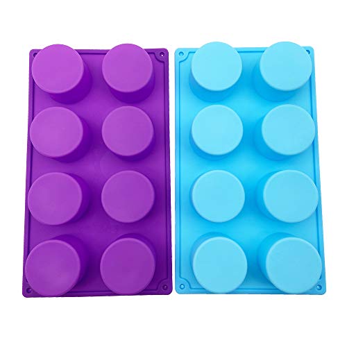 (2 Pack)8-Cavity Round Silicone Mold for Soap, Cake, Bread, Cupcake, Cheesecake, Cornbread, Muffin, Brownie, and More - Purple Blue