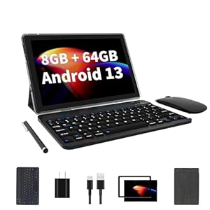 10 inch Android 13 Tablet, 8GB+64GB 1TB Expand, 2 in 1 Tablets with Keyboard, Case, Mouse, Stylus, 1280×800 IPS Touch Screen, 2.0GHz Quad-Core, WiFi 6, Bluetooth5.0, Dual Camera (Gray)