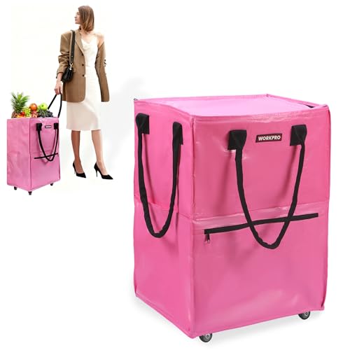 WORKPRO Medium Reusable Grocery Bag on Wheels Heavy Duty Rolling Shopping Tote with Handle Folding Trolley on 4 Caster Wheels for Groceries Laundry Camping Moving