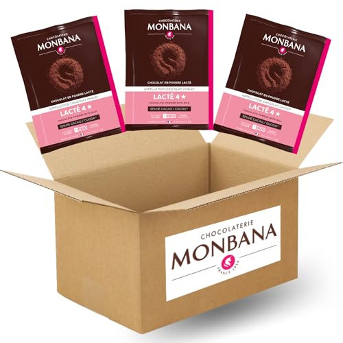 MONBANA | 50 sachets de chocolat Lacté 4* | Doses individuelles de 30 g de chocolat en poudre à déguster tout au long de la journée