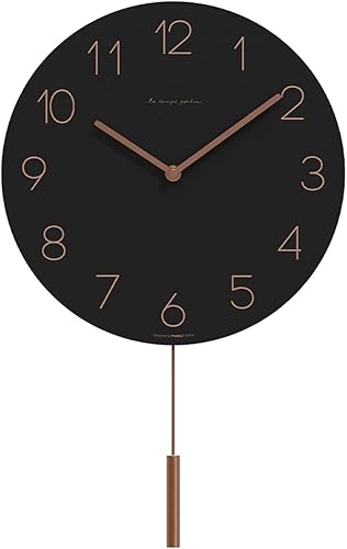 mooas Flatwood - Reloj de pared de madera con péndulo negro, reloj de pared de madera de 12 pulgadas, movimiento de barrido, reloj decorativo a
