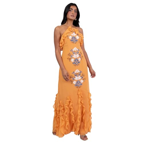 Robe longue fleurie pour mariage chic avec col halter et paillettes