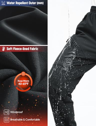 baleaf Wanderhose Herren Thermohose Softshellhose Wasserabweisend Cargohose Outdoorhose Trekkinghose Skihose MTB Hose Lang Fahrradhose Winter Schwarz XL
