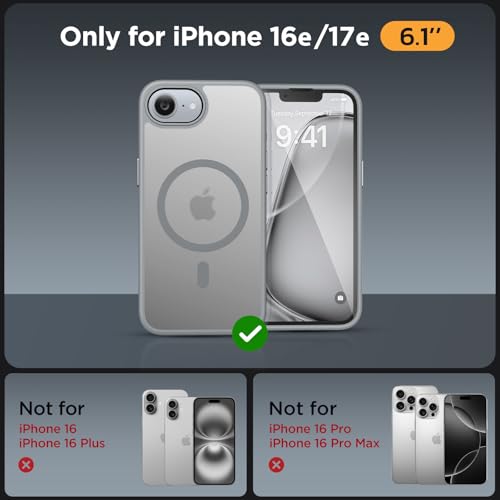 Image of Miracase for iPhone 16e case & iPhone 17e Case for MagSafe [with 2x9H+ Screen Protectors] TOP Military-Grade Protection Shockproof with Velvet Touch for iPhone 16e /17e Phone Case 6.1 inch, Matte Grey