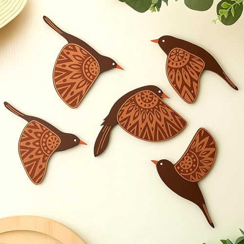 Image of GiftOday Wooden 3D 5 Pieces Birds for Wall Art Panel | Wood Bird Folk Art Wall Hanging Art Decoration Item for Living Room, Bedroom, Drawing Room, Dining Room & Office (Brown) Pack of 1