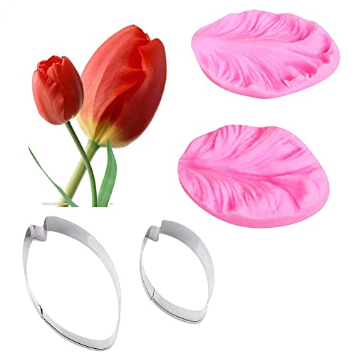 4pcs/set Tulip Flower Petal Veiner Silicone Mould Stainless Steel Cutter Mold Handmade Fondant Flower Mould Cake Decorating Tool