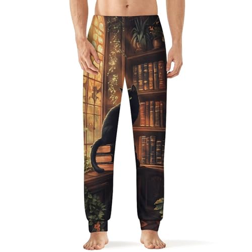 Black Cat Library Sunlight Window Men's Pajama Pants Lounge Pant Sleepwear PJ Bottoms