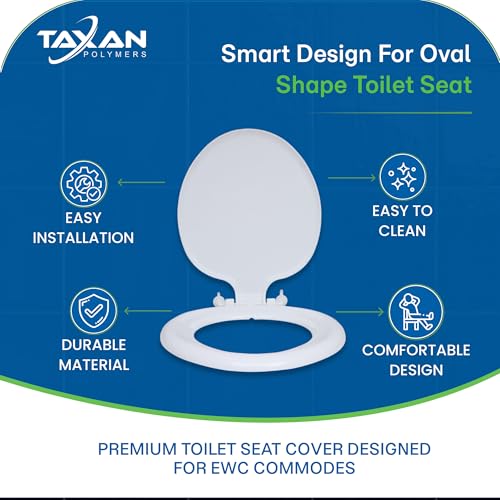 Image of TAXAN Oval Toilet Seat Cover for Standard EWC Commodes | Universal Fit Western Seat with Jet Spray Slot | Durable Non-Soft Close Design | Glossy White | 45 x 38 cm