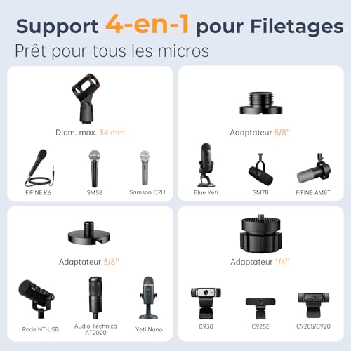 POLESTO Support de Micro Bureau, Bras de Fixation Réglable avec 1/4"-3/8"-5/8" Adaptateurs pour Blue Yeti, Fifine, HyperX, Caméras et Webcams - Idéal pour Enregistrement, Podcast et Streaming – vue 5