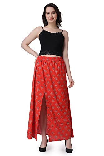 Image of POPWINGS Casual Ethnic Bagru Print Long Slit Skirts for Women || Cotton Long Slit Skirt for Women || Stylish Women Long Skirt for Summer