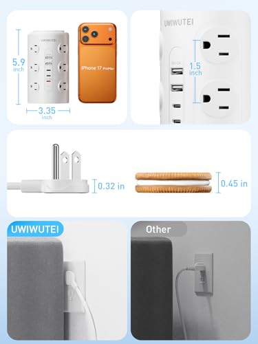 Image of Tower Power Strip with 1 Dedicated PD 20W Fast-Charging Port, 12 Outlets, 5 USB Ports (3 USB-C), 1800J Protector, Desk Charging Station for Multiple Devices,10FT Extension Cord, Home Office Essentials