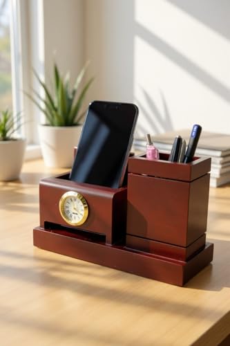 Image of WOOD HOUSE WOODHOUSE Wooden Pen Stand and Mobile Stand with Clock for Office /Study Table II Pen Stand for Teachers Doctors Advocates (Wood),Stationary, Brown