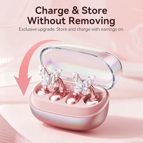 Image of Kinglucky Gen2 Clip-On Open Ear Earbuds with Detachable Sparkle Butterfly Earrings, Bluetooth Wireless Headphones for Women, 50H Playtime, Comfortable Fit for Small Ears, Easy Storage Case,Transparent