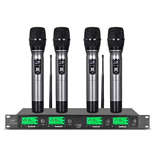 UHF Wireless Microphone System 4 Channel Microphones 4 Handheld Karaoke DJ Mic Karaoke System Whole Metal Mic Karaoke System for Church Speaking Conference Wedding Party Frequency A