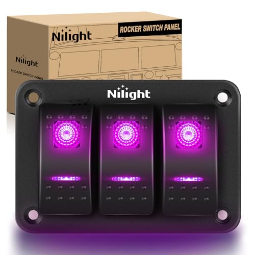 Image of Nilight 3 Gang Aluminum Rocker Switch Panel Pre-Wired | 5 Pin ON Off Pinkish Purple Toggle Switches SPST 12V 24V Night Glow Stickers for Cars Marines Boats Campers RVs