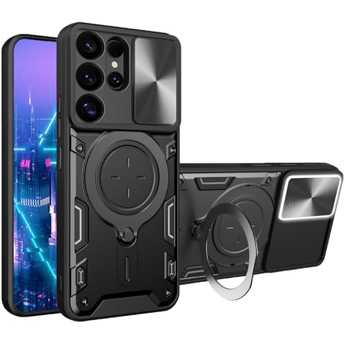 Fofvccv for Samsung Galaxy S25 Ultra Case with Magnetic Ring Kickstand, Slide Camera Lens Cover, Shockproof Military-Grade Protective Stand Case for Galaxy S25 Ultra, JS Black