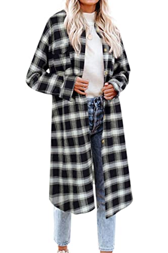 Hibluco Damen Langarm Karierte Hemd Jacke mit Seitentaschen Cover