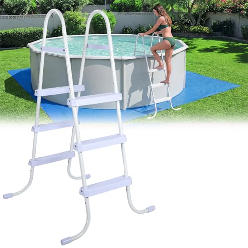 Threlaco 42 Inch Above Ground Pool Ladder 3 Step Steel Frame Swimming Pool Entry Exit Ladder Non Slip Metal Frame Steps, Weight Capacity 300lbs(White) by Threlaco - Used condition - US$74.49