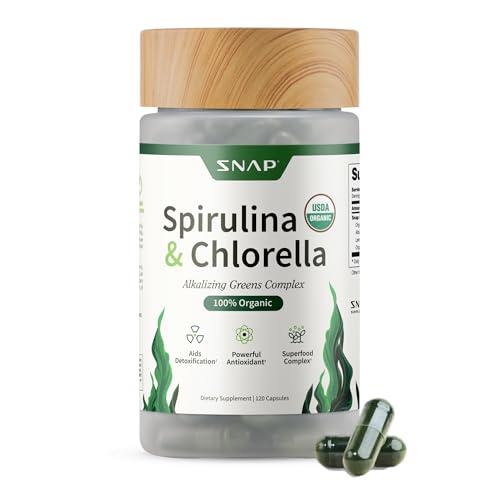Snap Supplements - USDA Organic Chlorella Spirulina Capsules | Green Superfoods for Heart Support Natural Energy & Glucose Control | Plant Vitamins & Powerful Antioxidants | 120 Capsules