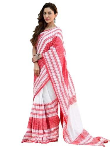 Bengal Handloom Pure Cotton Tant Saree | Classic White and Red La...