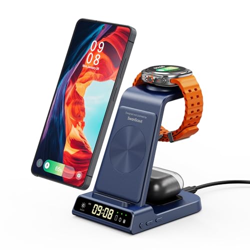 Image of 3 in 1 Wireless Charger for Samsung Galaxy S26 Ultra, Galaxy Watch 8, Buds | Dimmable LED clock, Dual-angle charging stand, Case-friendly, Compact & space-saving, Multi-protection, Charging indicator