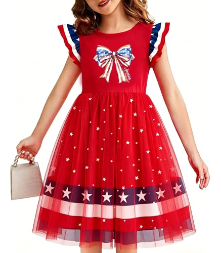Girls 4th of July Dress American Patriotic Outfit USA Independence Day Clothes Flutter Sleeve Tulle Tutu Dress 5-14y(BowRed1 140)