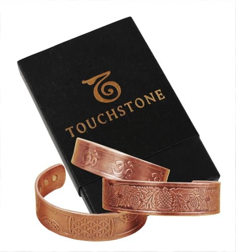 Image of Touchstone copper bracelets | gift for men women |adjustable 100% pure solid real magnetic jewelry | handmade bracelet set combo | celtic om inscribed tibetan bangles. Set of 3 different designs
