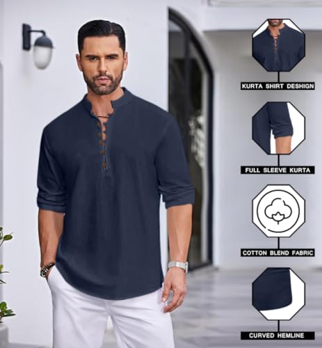 Image of Macsivo Men's Stylish Mandarin Collar Kurta | Casual Ethnic Fusion Shirt for Daily, Party & Travel | Full Sleeves | Cotton Blend Comfort Fit Short Kurta