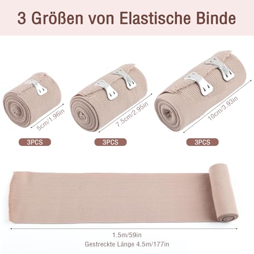 Deepton 9 Stück Elastische Binde, Fixierbinde mit 2 Clips, Medizinische Binden Verband, Elastische Bandage, Gedehnt Luftdurchlässig Wrap Kompressionsrolle für Handgelenke Knöchel Knie (5/7,5/10cm)