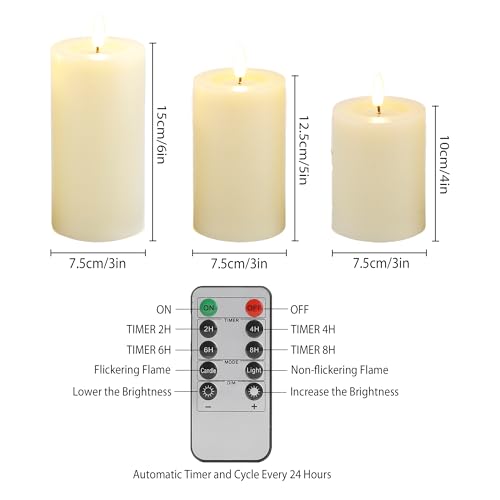 Image of JHY DESIGN Flickering Flameless Candles Battery Operated with 10-Key Remote & 2 /4 /6 /8-Hour Timer, Real Wax Pillar Grease Effect LED Candles Set for Chrismas /Home Decorations(Ivory)