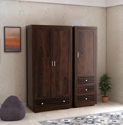 Image of Wooden 3 Door Wardrobe for Bedroom, Almirah with 4 Drawers & Multiple Shelves Storage, Solid Sheesham Wood, Walnut Finish