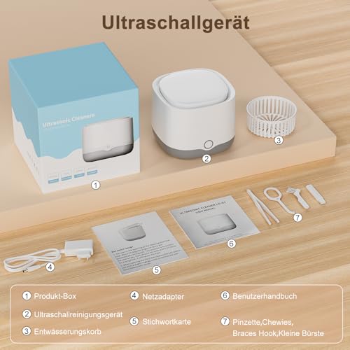 Ultraschallreinigungsgerät Zahnschiene UV 45000Hz 24W Dental Pod für Zahnersatz, Aligner, Mundschutz, Bleaching-Schalen, Ultraschallreiniger 5 Minuten Reinigung für Schmuck, Diamanten 200ml