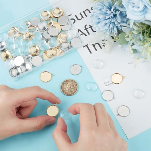 UNICRAFTALE About 40Pcs 2 Colors 304 Stainless Steel Pendant Cabochon Settings Plain Edge Bezel Cups 16mm Tray Flat Round Pendant Making Kit with 40Pcs Transparent Glass Cabochons for Jewelry Making - Image 4