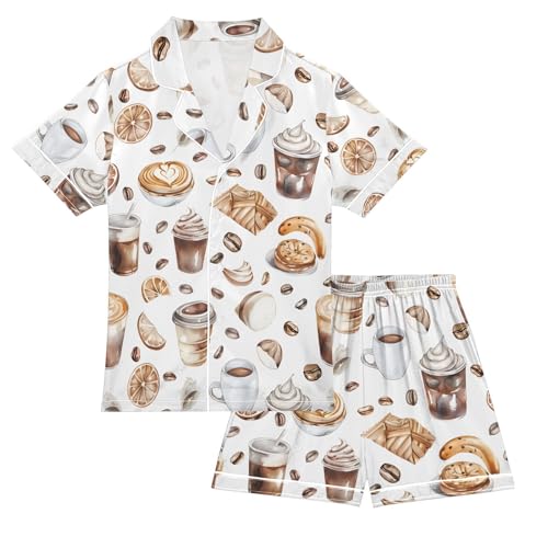 ALAZA Ice Cream Coffee Bean Pajamas Satin Pajama Set Short Sleeve Button Down Sleepwear