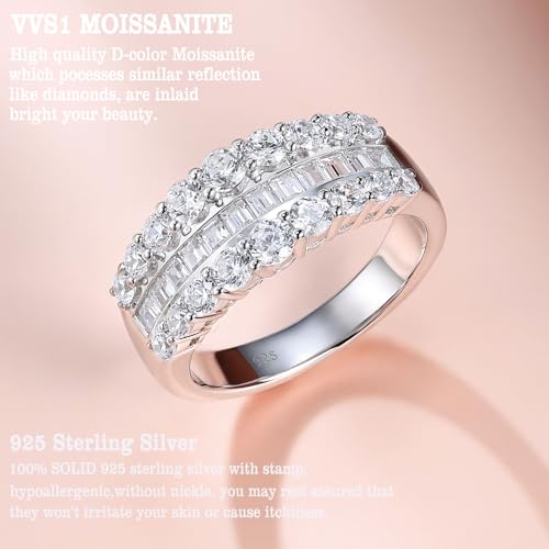 Newshe Jewellery Wide Moissanite Wedding Bands for Women Engagement Rings 925 Sterling Silver Emerald Eternity Ring Round Size 5-104
