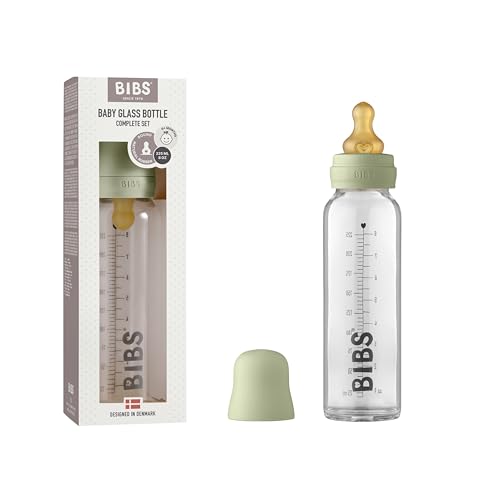 Image of BIBS Baby Glass Bottle Complete Set 225 ml | BPA Free Natural Rubber | Made in Denmark | Sage