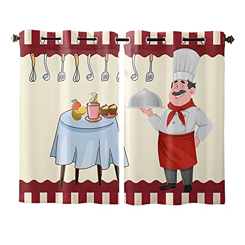 Grommet Top Draperies for Bedroom/Living Room/Kitchen, Kitchen Cook with Food Knife and Fork Set of 2 Window Curtain Panels, 42 x 63 Inch Length