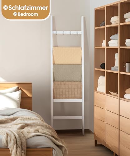 Yorbay Handtuchleiter Bambus, 6 Sprossen, Kleiderleiter mit 2 Sturzsicherheitsriemen und 4 Haken, Handtuchhalter Leiter für Dekoratives Badezimmer, Leiter Deko HxB 170 x 43 cm (Weiß)