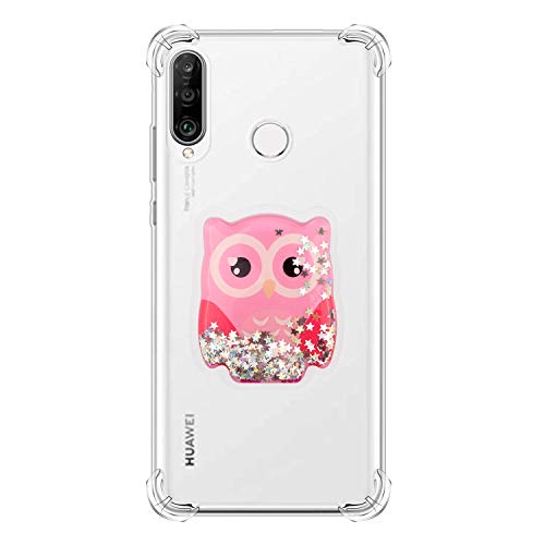 Jorisa Clear Silicone Case for Huawei Honor 8A/Y6 2019,Ultra Slim Skin with Neck Cord,Cushion Soft TPU Bumper Liquid Glitter Cover with Shiny Cute Animal Pattern,Anti-Yellow Gel Shell,Owl