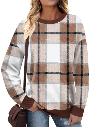 Cuptacc Sweatshirt Mujer Holgada Casual Contraste De Colores Abrigada Sudaderas Mujer Manga Larga De Canalé Escote Redondo Camiseta Cuadros Marrones M