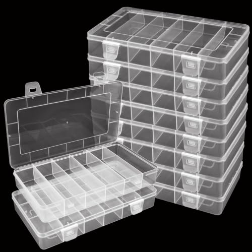 Set de 10 cajas organizadoras pequeñas transparentes para pesca, 8.2 x 4.6 x 1.3 pulgadas, almacenamiento plástico transparente para accesorios de pesca, cuentas, tornillos y manualidades miniatura 1