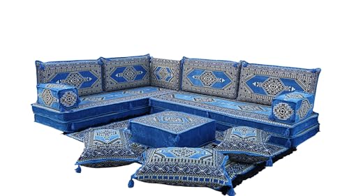 arabicsofa L Shaped Blue Sectional Floor Cushions with Backrests – Traditional Majlis Sofa Seating Set for Living Room