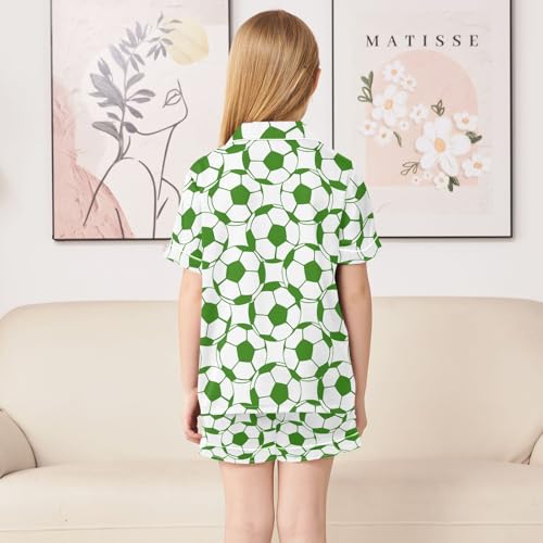 Green Soccer Balls Summer Satin Pajama Set, Cute Button-Down Sleepwear Pj Set for Sleep Wears4