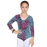 The Fancy Dress® Kids Girls Leopard Print Gymnastic Leotard School PE Ballet Dance Long Sleeve Bodysuit Top Leopard, 7-8